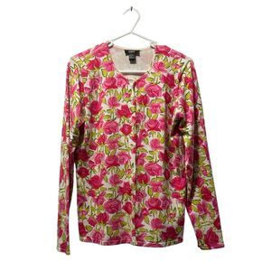 Obee’ Silk Blend Pink Green Rose Print Button Up Cardigan Lightweight Size S